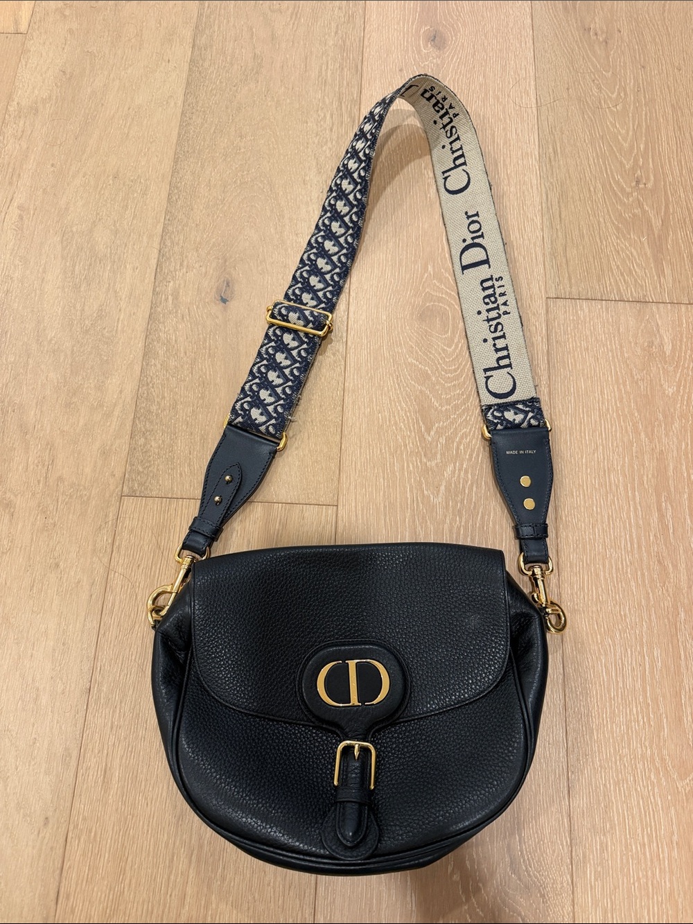 Dior Black Pebbled Leather Saddle Bag with Dior Canvas Strap